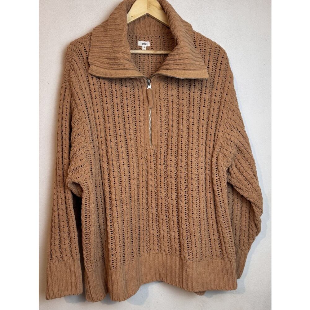 Aerie Cable Car Quarter 1/4 Zip Pullover Sweater Chunky Knit XL Brown